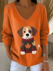 Frauen Herbst Hund Kunstdruck V-Ausschnitt gerippt Top