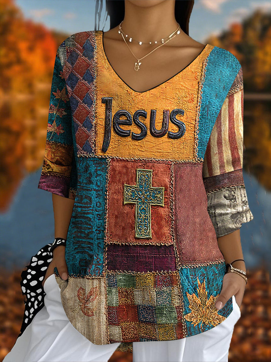Damen Retro Casual Faith Kreuz Kunst Druck Halb-Ärmel T-Shirt