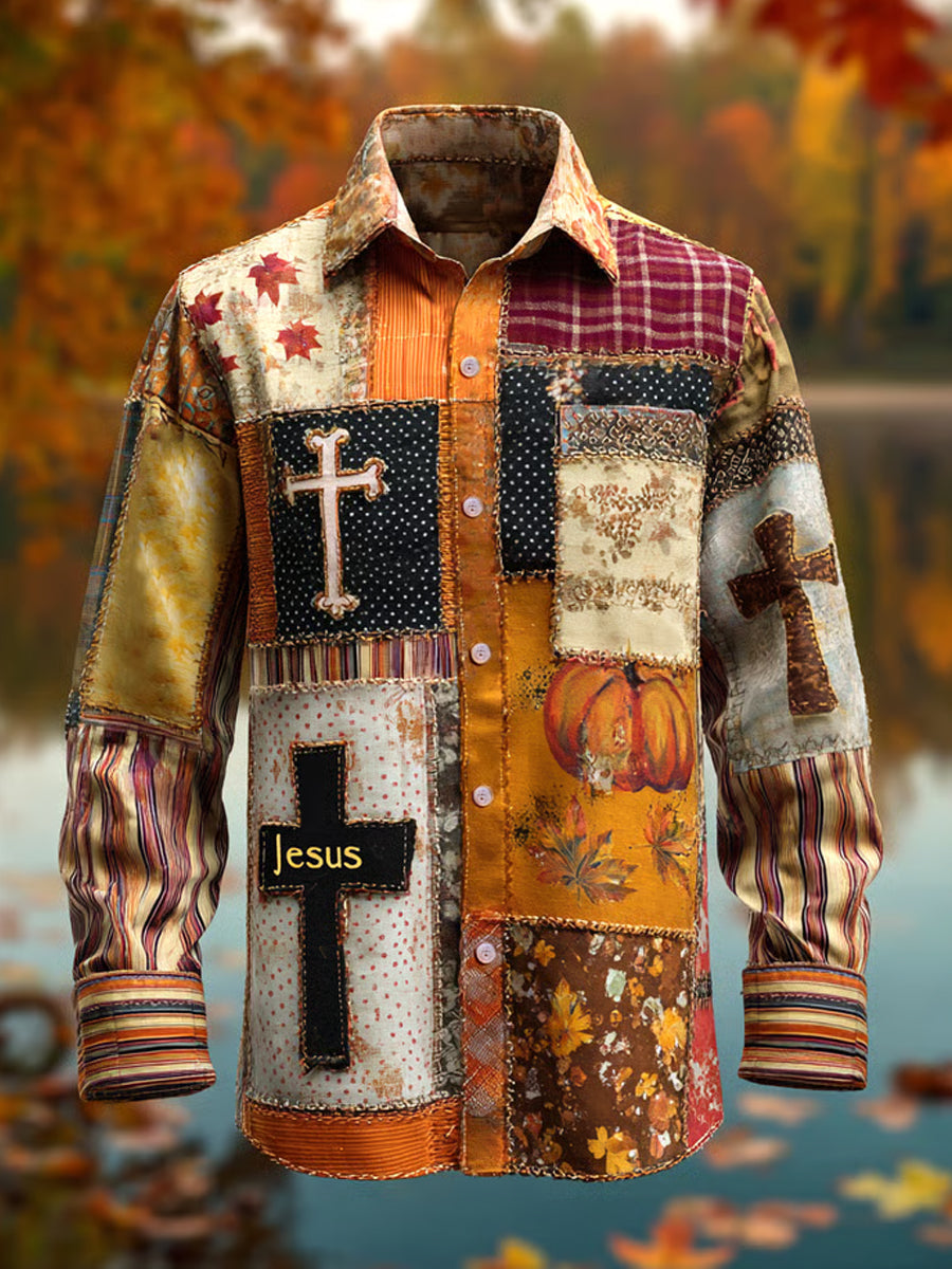 Herren Retro Faith Cross Casual Kunstdruck Langarm Hemd