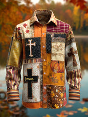 Herren Retro Faith Cross Casual Kunstdruck Langarm Hemd