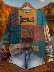 Damen Retro Casual Faith Cross Art Print Langarm Sweatshirt