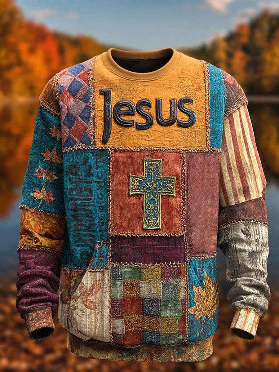 Herren Retro Casual Faith Cross Art Print Crew Neck Sweatshirt