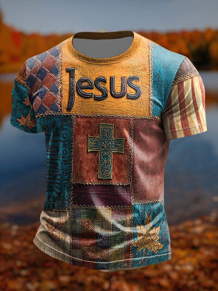 Herren Retro Casual Faith Cross Art Print Kurzarm T-Shirt