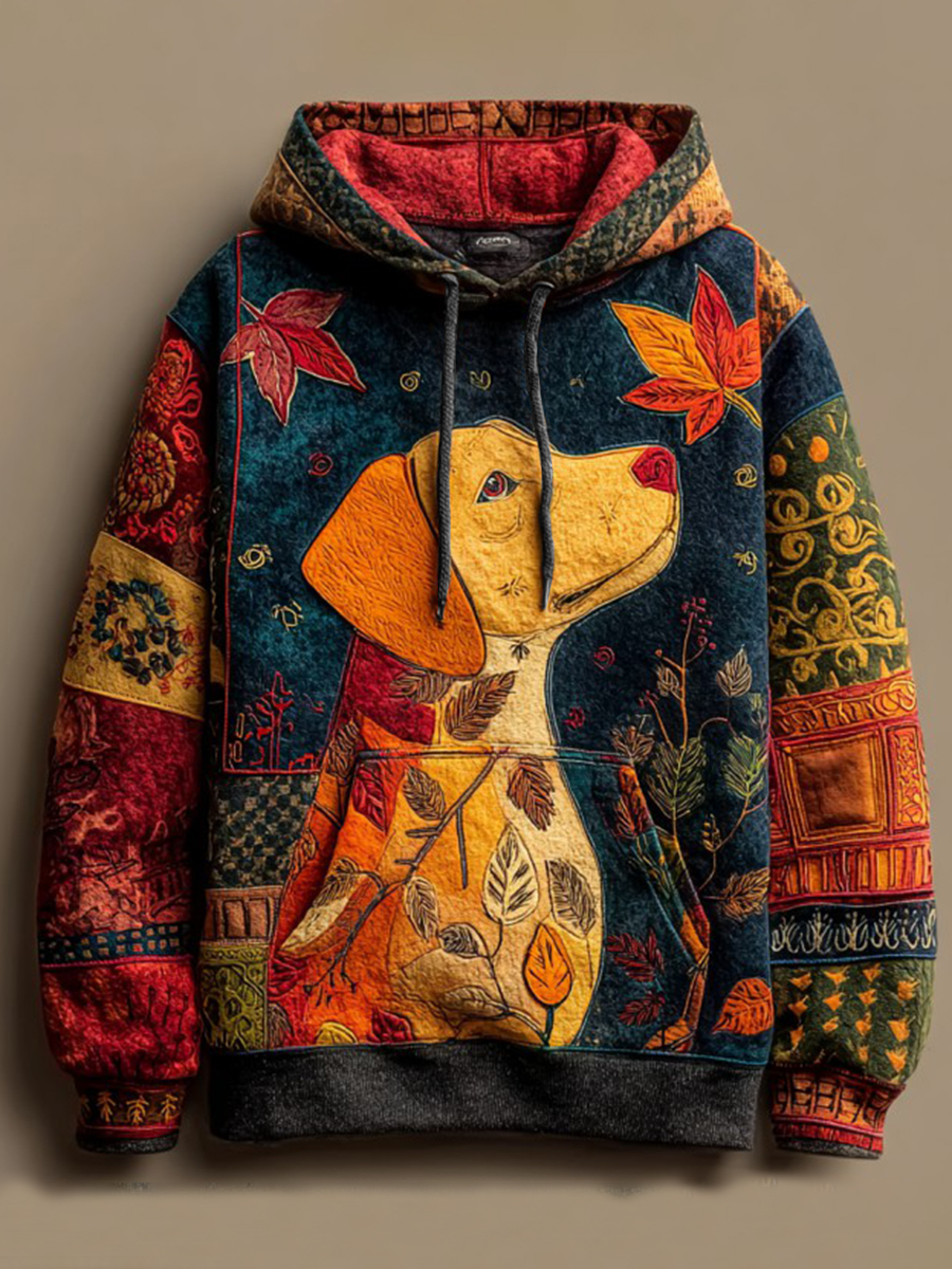 Damen Vintage Herbst gefallen Patchwork Hund Print Kunst Casual Hoodie