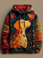 Damen Vintage Herbst gefallen Patchwork Hund Print Kunst Casual Hoodie