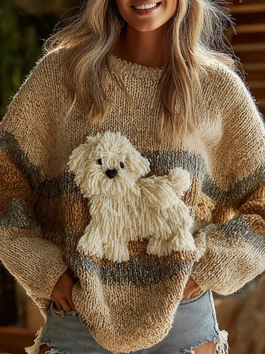Damen Vintage Garn Hund Filz in Steigung Kunst inspiriert Bestickte Gemütliche Strick pullover