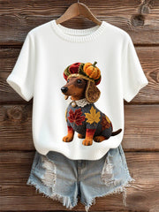 Damen Herbst Hund Kunstdruck Kurzarm-Shirt