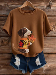 Damen Herbst Hund Kunstdruck Kurzarm-Shirt