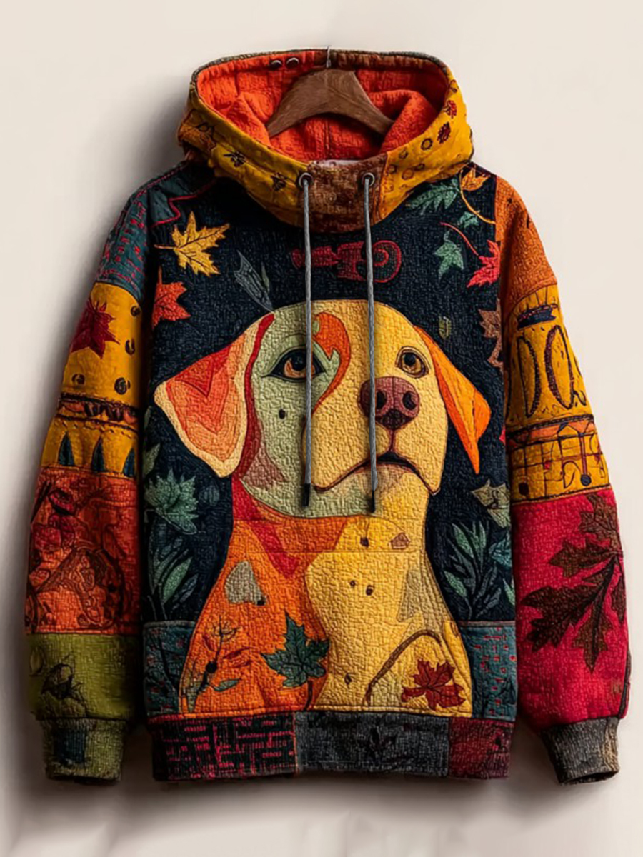 Damen Vintage Herbst gefallen Patchwork Hund Print Kunst Casual Hoodie
