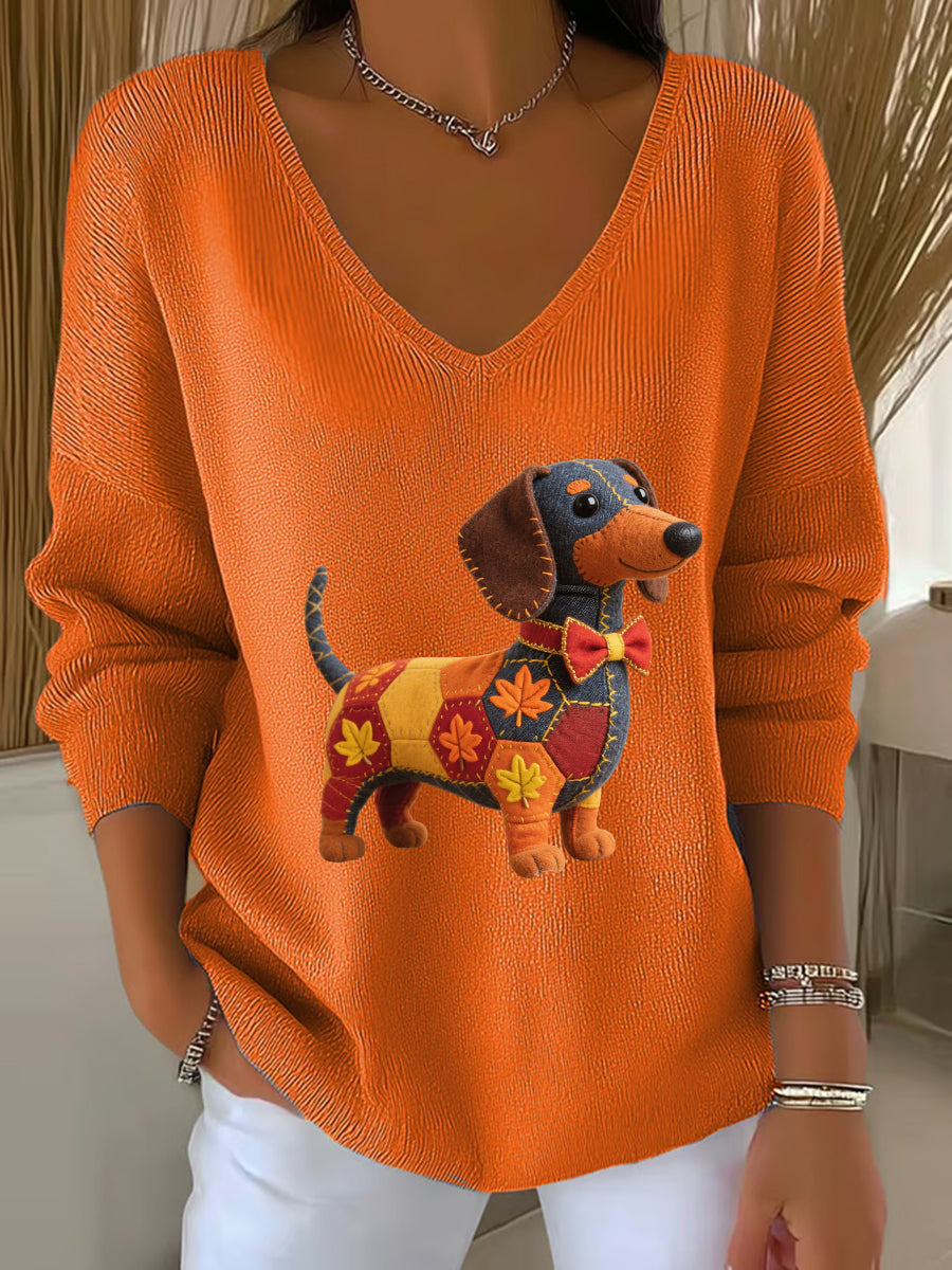 Frauen Herbst Hund Kunstdruck V-Ausschnitt gerippt Top