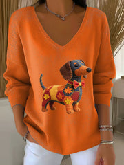 Frauen Herbst Hund Kunstdruck V-Ausschnitt gerippt Top