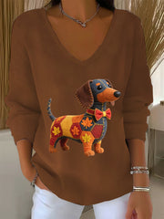 Frauen Herbst Hund Kunstdruck V-Ausschnitt gerippt Top