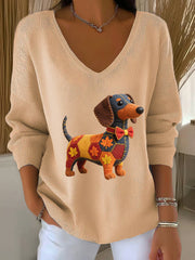 Frauen Herbst Hund Kunstdruck V-Ausschnitt gerippt Top