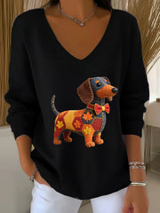 Frauen Herbst Hund Kunstdruck V-Ausschnitt gerippt Top