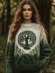 Frauen keltischer Baum des Lebens Jacquard Ombre Pullover mit Rundhals ausschnitt