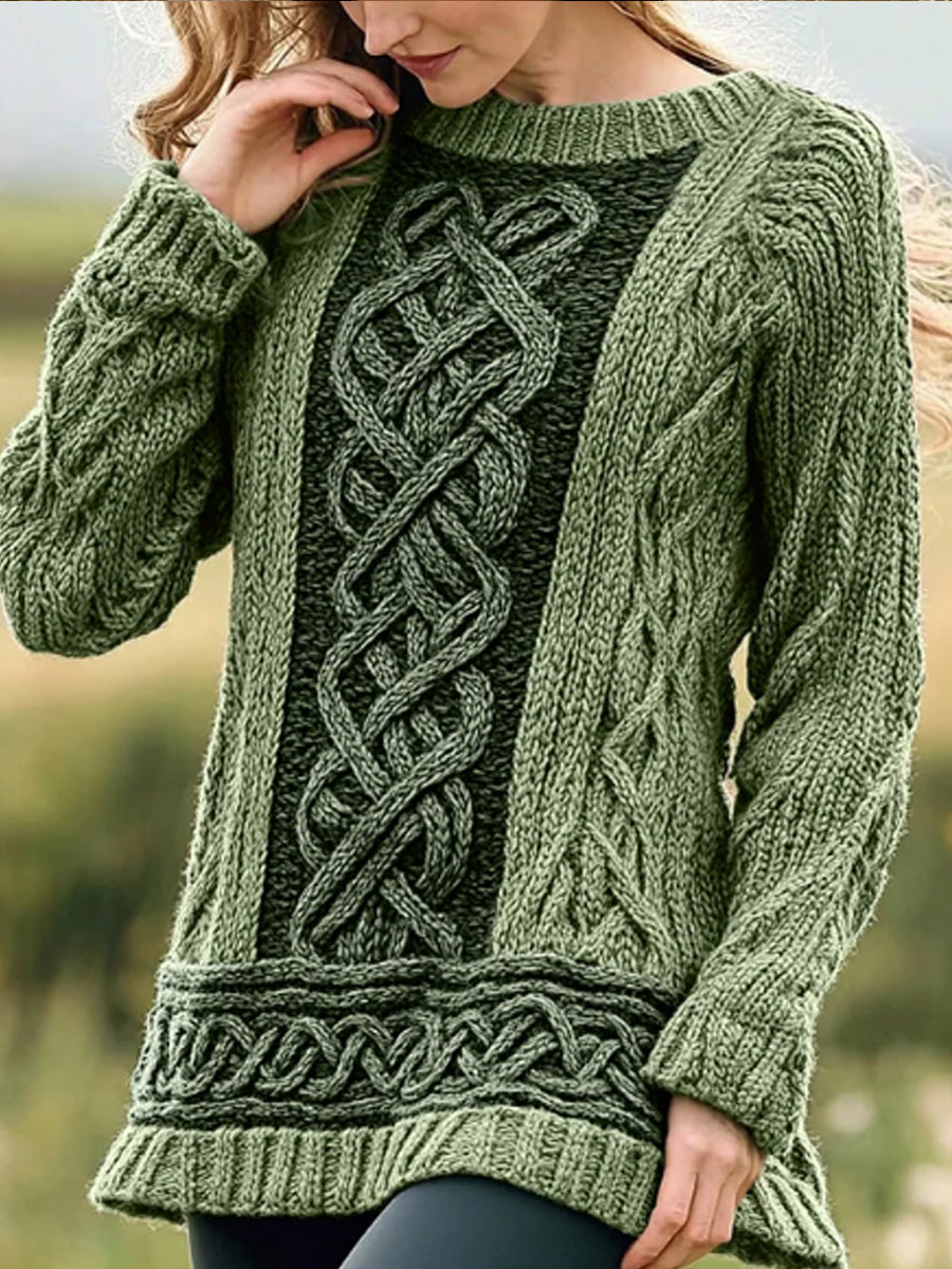 Damen Irischer keltischer Knoten Jacquard Pullover mit Rundhals ausschnitt