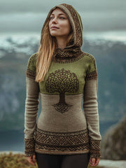Damen Vintage Baum des Lebens Muster Gemütlicher Strick Hoodie