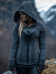 Damen Viking Raben Muster Gemütlicher Strick Hoodie