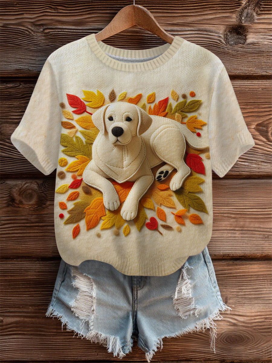 Damen Vintage Herbst gefallen Patchwork Hund Print Kunst Gemütliches Stricktop