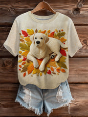 Damen Vintage Herbst gefallen Patchwork Hund Print Kunst Gemütliches Stricktop