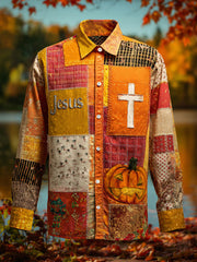 Herren Retro Faith Cross Lässiges Halloween Kunstdruck Langarm Hemd