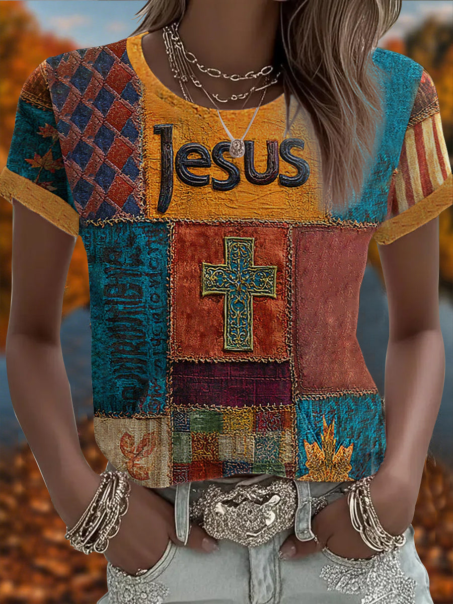 Kurzarm-T-Shirt mit Kreuz druck für Damen Retro-Casual Faith
