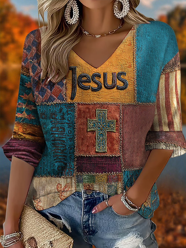 Damen Retro Casual Faith Kreuz Kunst Print Waffel T-Shirt