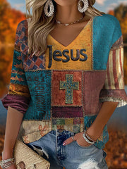 Damen Retro Casual Faith Kreuz Kunst Print Waffel T-Shirt