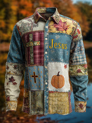 Herren Retro Faith Cross Lässiges Halloween Kunstdruck Langarm Hemd