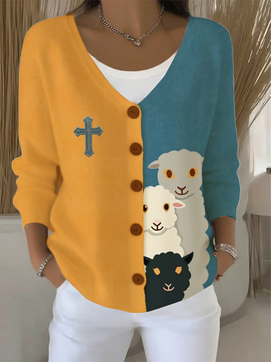 Frauen Faith Cross niedliche Lamm-Print Casual Strickjacke