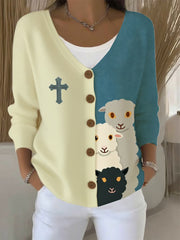 Frauen Faith Cross niedliche Lamm-Print Casual Strickjacke