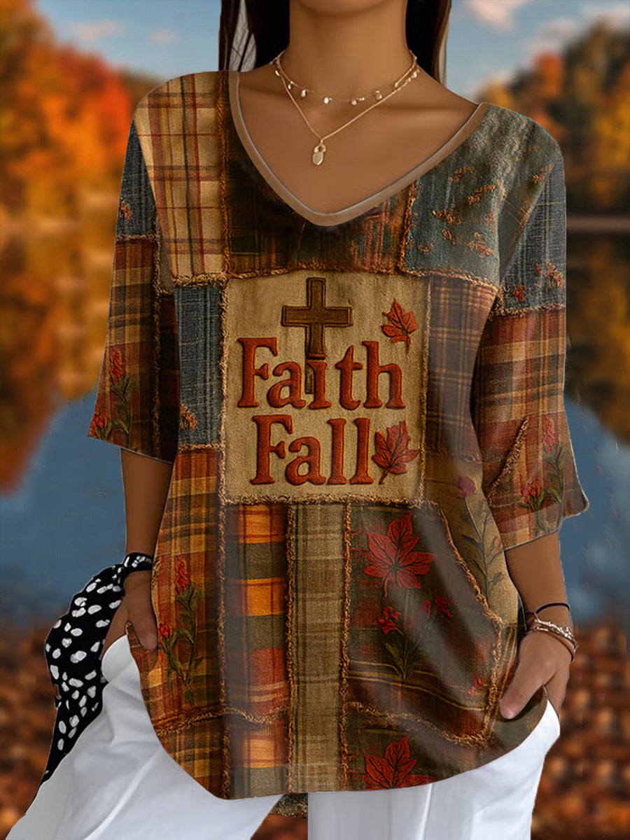 Damen Retro Casual Faith Kreuz Kunst Druck Halb-Ärmel T-Shirt