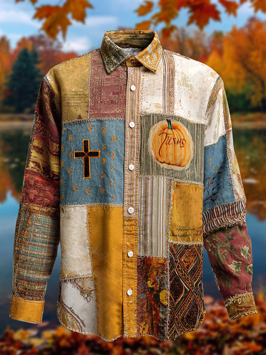 Herren Retro Faith Cross Lässiges Halloween Kunstdruck Langarm Hemd