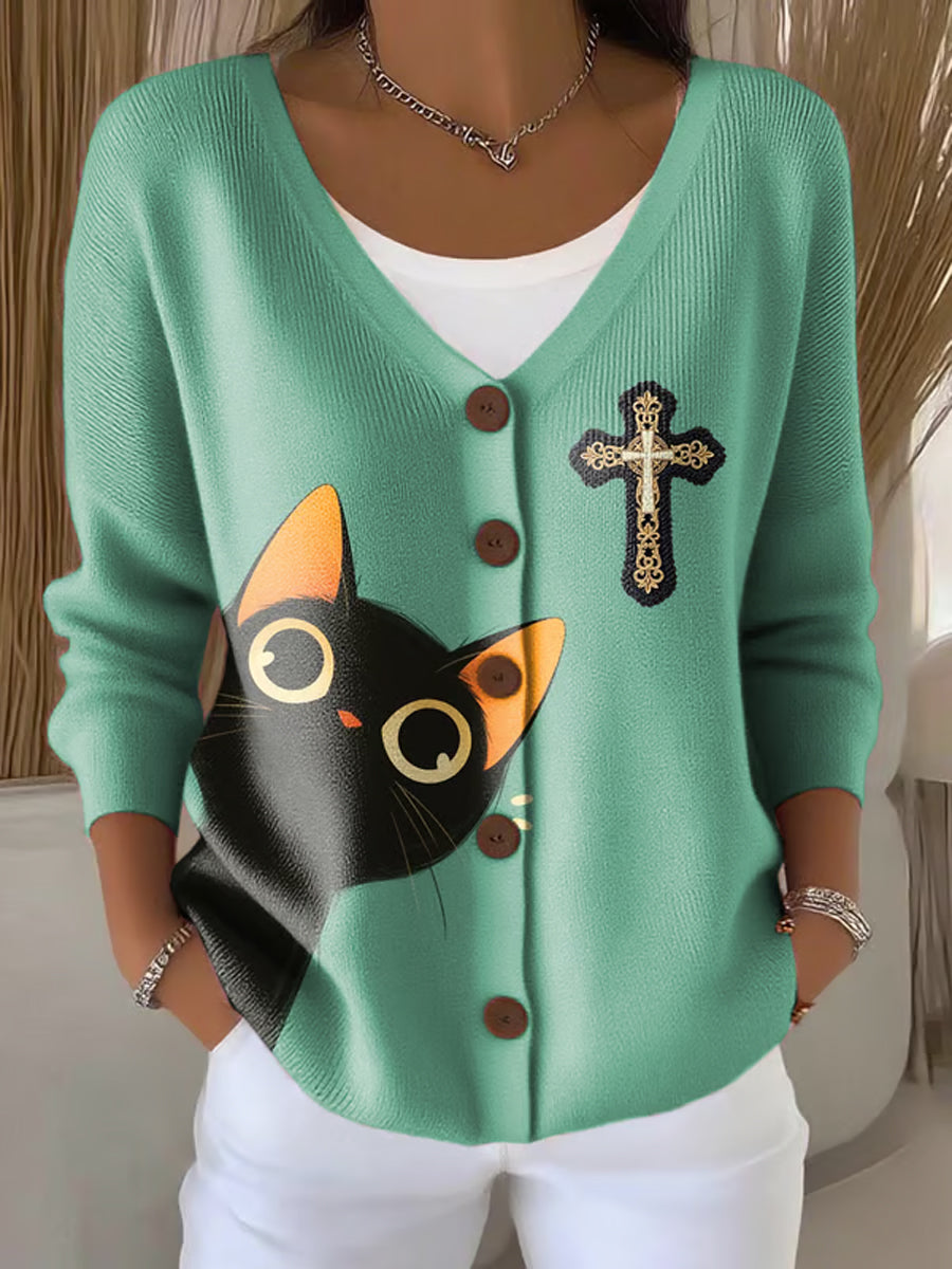 Damen Faith Cross Süße Katze Print Casual Strickjacke