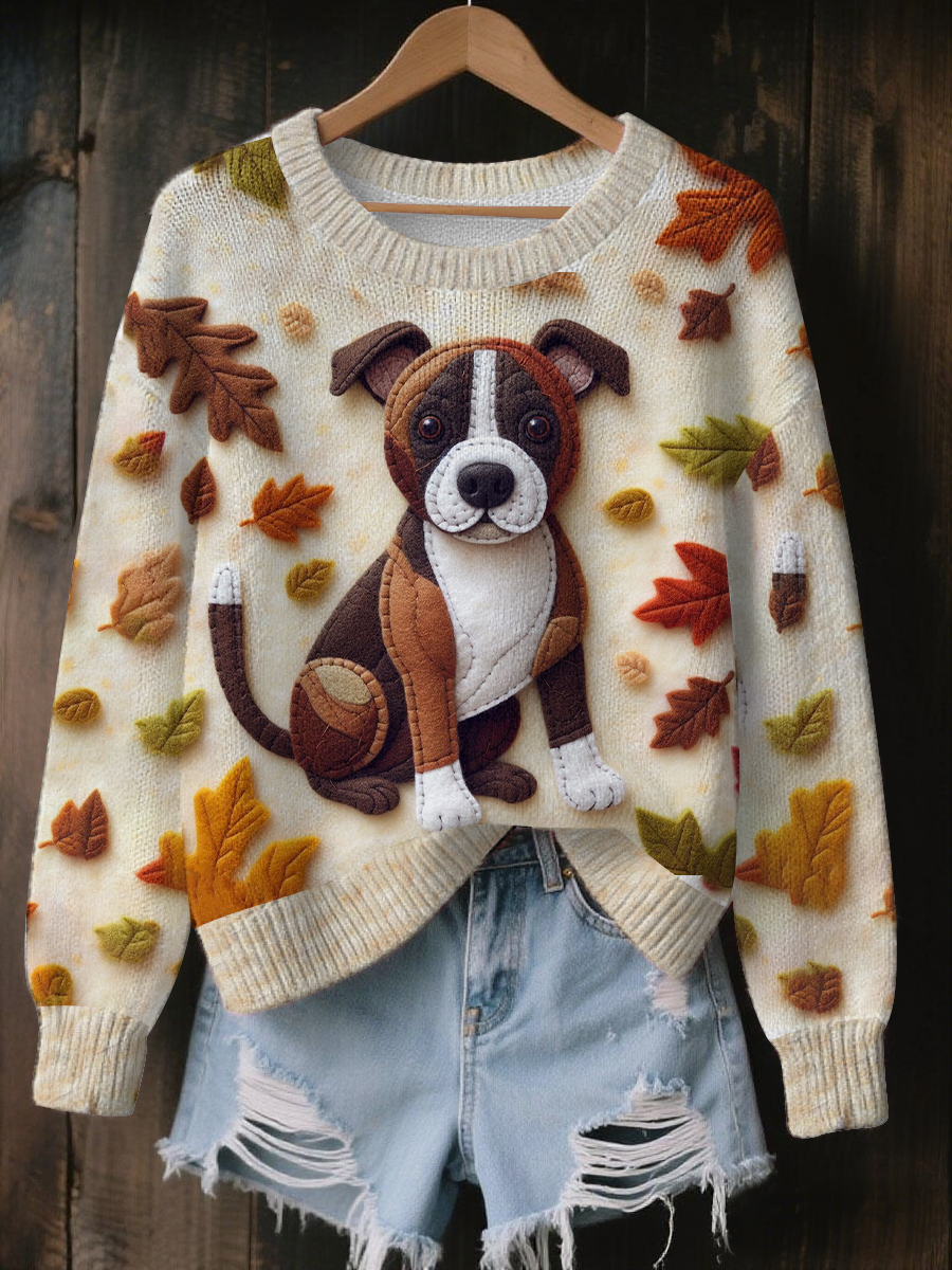 Damen Vintage Herbst Gefallene Patchwork Hund Print Kunst Freizeit Strick pullover