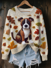 Damen Vintage Herbst Gefallene Patchwork Hund Print Kunst Freizeit Strick pullover