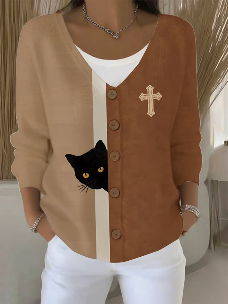 Damen Faith Cross Süße Katze Print Casual Strickjacke