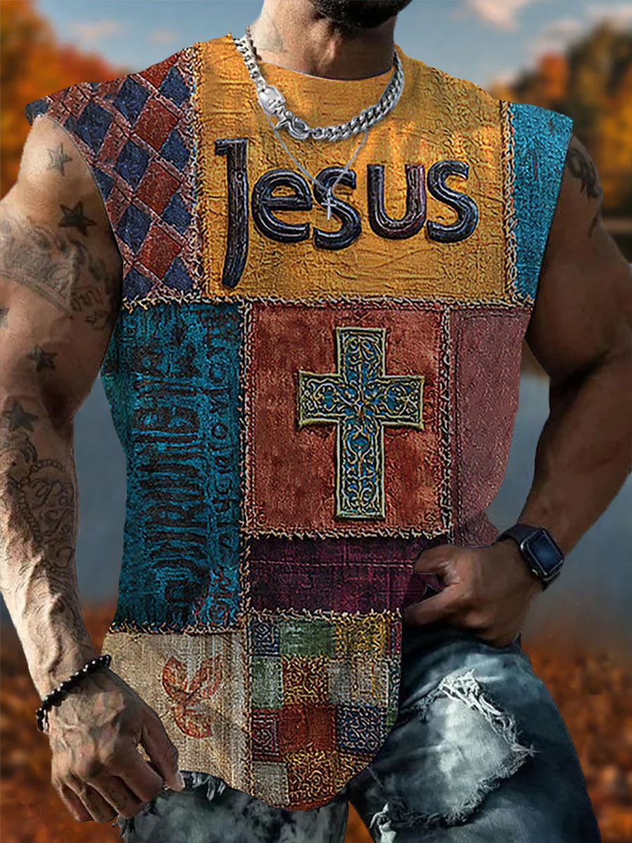 Herren Retro Casual Faith Cross Art Print Westen
