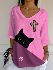 Frauen glauben Kreuz niedliche Katze Print Casual T-Shirt