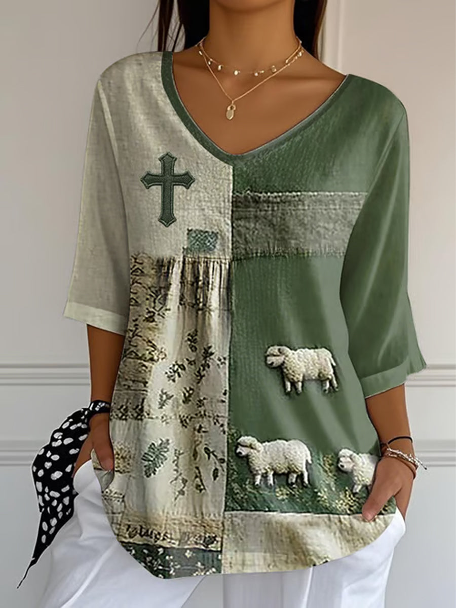 Frauen Faith Cross niedliches Lamm-Print lässig T-Shirt