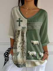 Frauen Faith Cross niedliches Lamm-Print lässig T-Shirt