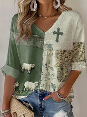 Frauen Faith Cross niedliches Lamm-Print Waffel-T-Shirt