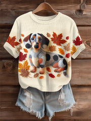 Herbst gefallener Patchwork-Hund für Frauen Gemütlicher Strick pullover