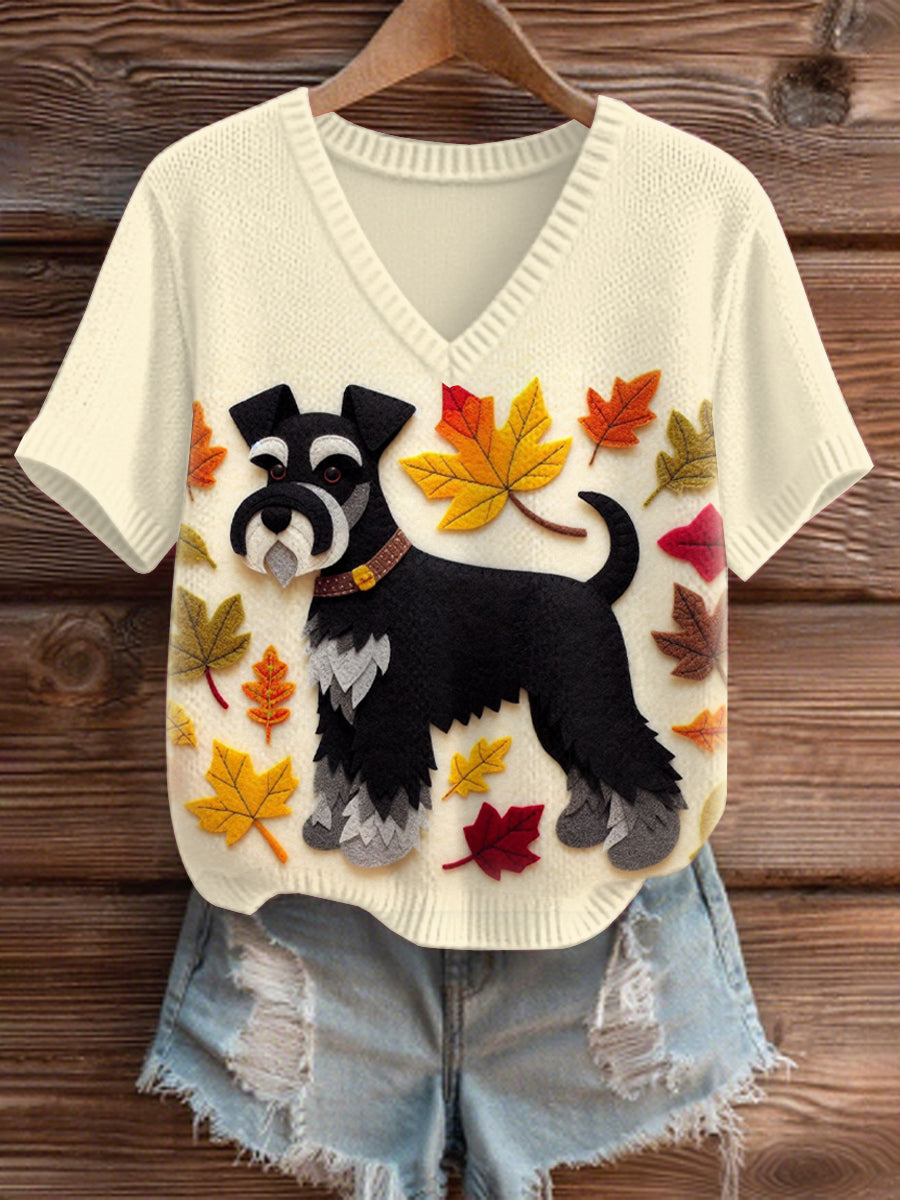 Damen Herbst gefallener Patchwork-Hund mit V-Ausschnitt, bequemer Strick pullover