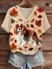 Damen Herbst gefallener Patchwork-Hund mit V-Ausschnitt, bequemer Strick pullover