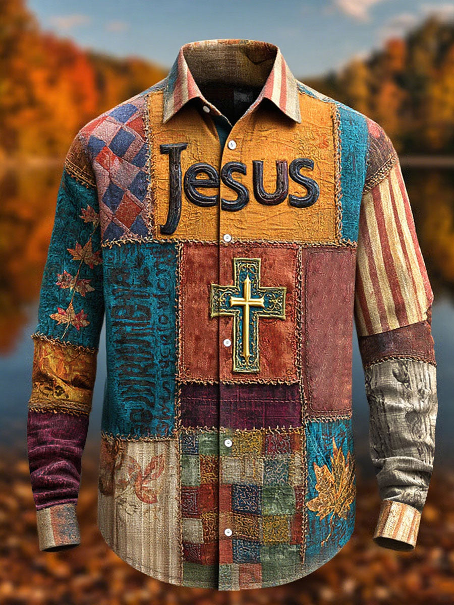Herren Retro Casual Faith Cross Art Print Langarm Shirt
