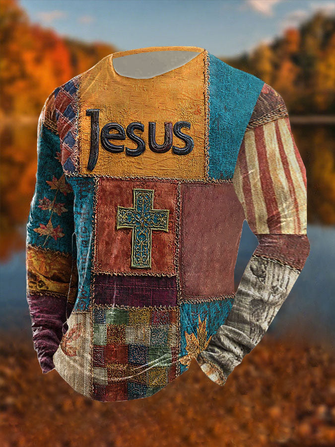 Herren Retro Casual Faith Cross Art Print T-Shirt mit langen Ärmeln