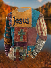 Herren Retro Casual Faith Cross Art Print T-Shirt mit langen Ärmeln