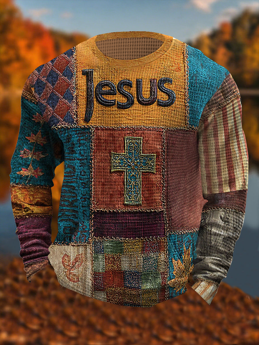 Herren Retro Casual Faith Cross Art Print Waffel Langarm T-Shirt