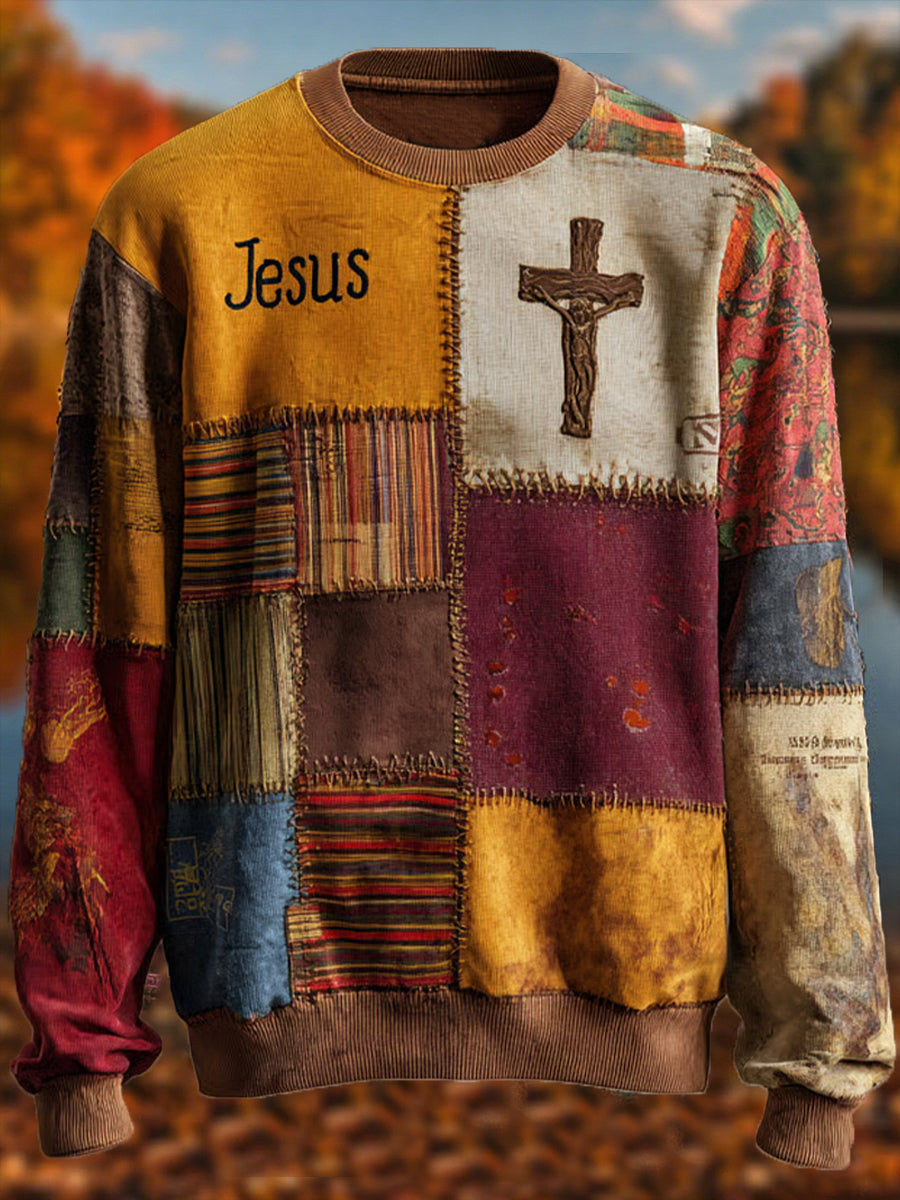 Herren Retro Casual Faith Cross Art Print Crew Neck Sweatshirt